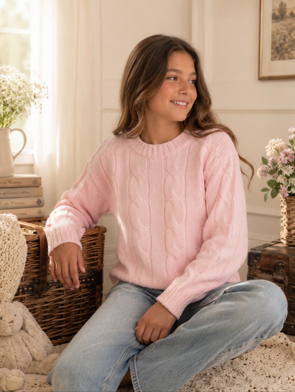 TBBC Crawford Crewneck Cable Knit Sweater Palm Beach Pink Girls Size 12 NWT